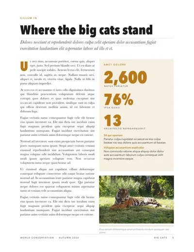 Page 5: Where the big cats stand, with a statistics panel.