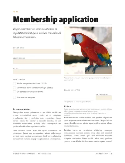 Page 8: a membership application form with a scarlet macaw.
