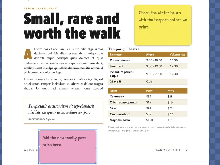 Two notes on a magazine page in Papayra for Mac, one yellow and one pink.