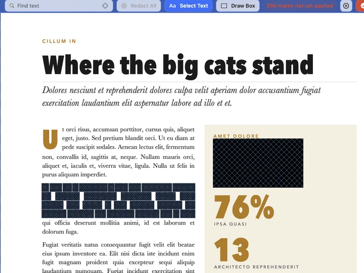 Words and a figure marked for redaction in Papayra for Mac: dark-blue boxes crossed with fine lines, and the Apply button.